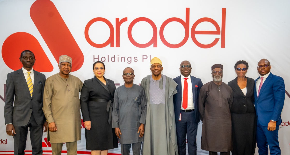 from L-R Mr. Gbenga Adetoro, Non-Executive Director, Aradel Holdings, Mr. Osten Olorunsola, Non-Executive Director, Aradel Holdings, Ms. Simon-Hart, Independent Non-Executive Director, Aradel Holdings, Chief Ede Osayande, Non-Executive Director, Aradel Holdings, Mr. Ladi Jadesimi, Chairman, Aradel Holdings, Mr Adegbite Falade, Managing Director/Chief Executive Officer, Aradel Holdings; Mr. Afolabi Oladele, Non-Executive Director, Aradel Holdings, Ms Titi Omisore, Company Secretary & Group General Counsel, Aradel Holdings and Mr. Adegbola Adesina, Chief Finance Officer/Finance Director, Aradel Holdings.